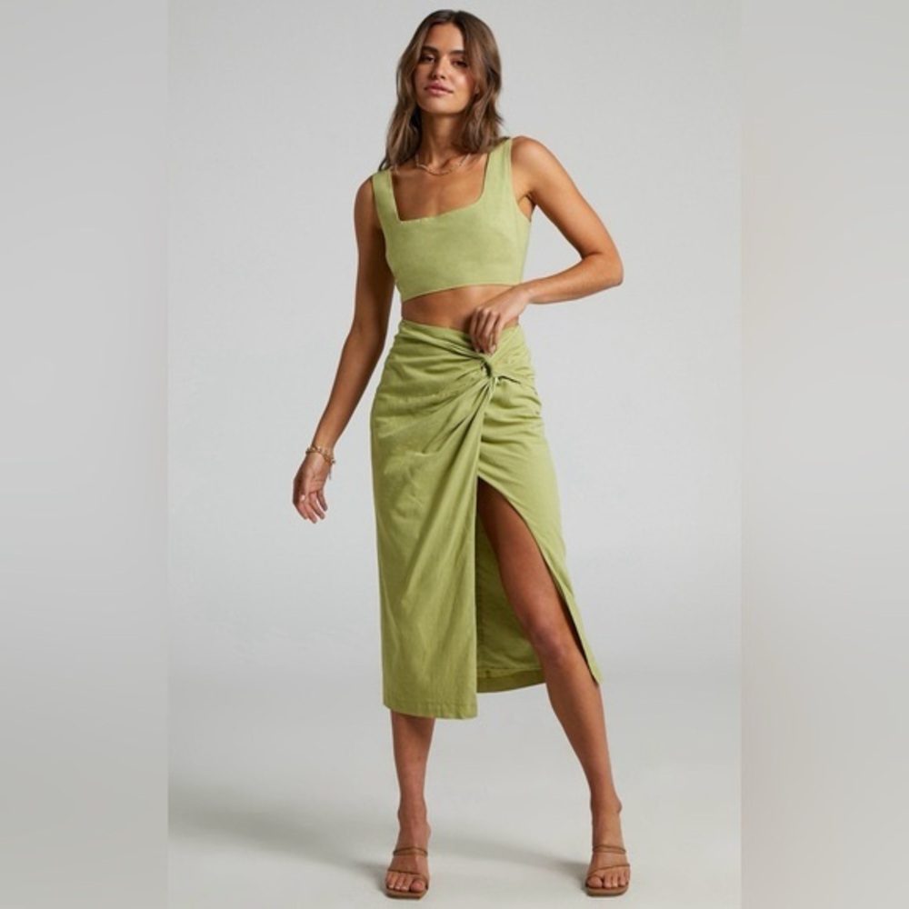 LINEN CROP TOP AND KNOT FRONT MIDI SKIRT SET IN CELERY